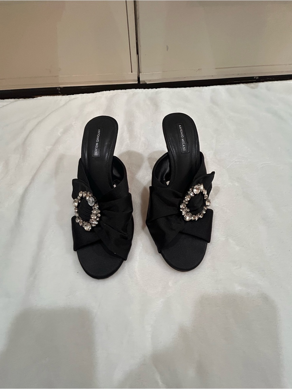 ANTONIO MELANI Black Satin Slide Heels with Crystal Ring